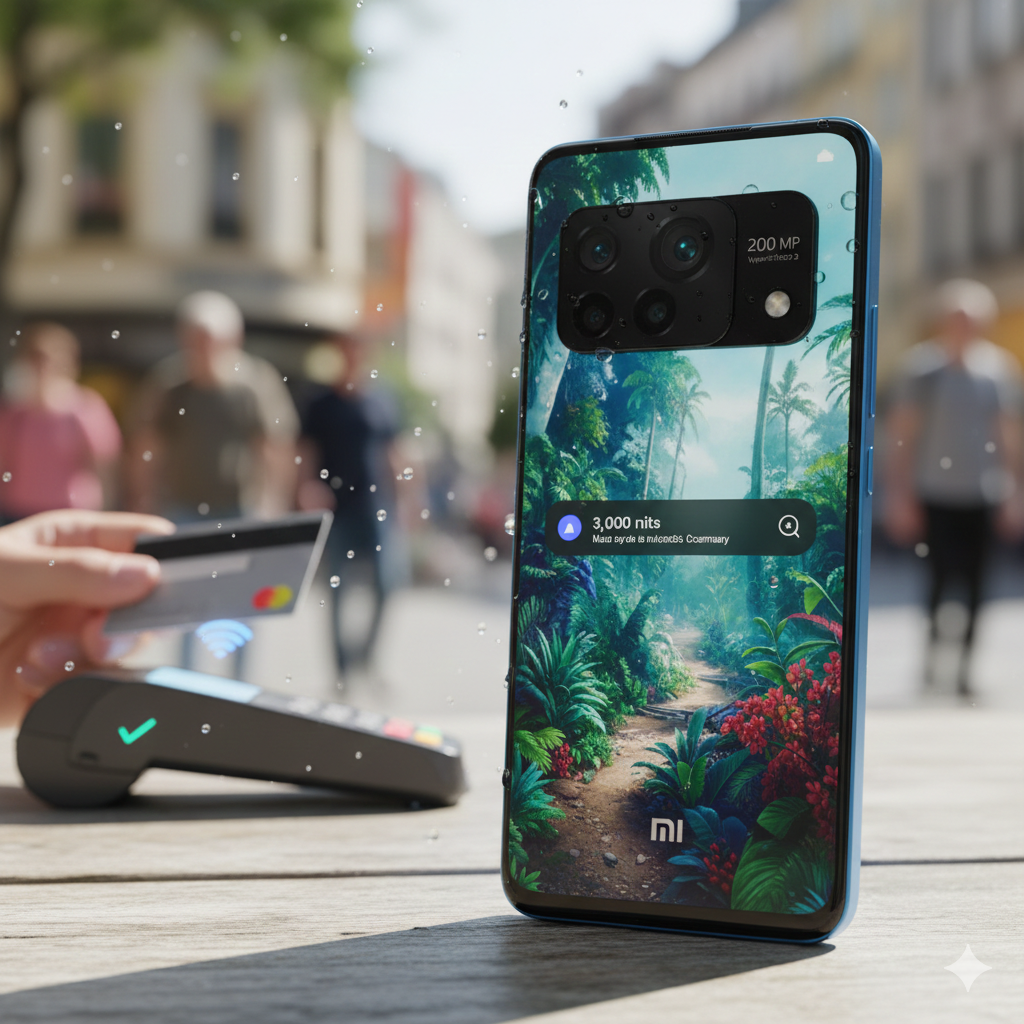 Smartphone Xiaomi Redmi Note 14 Pro com gotas de água na tela e corpo azul, destacando câmera de 200 MP, brilho de 3.000 nits e tecnologia NFC para pagamentos em ambiente ensolarado