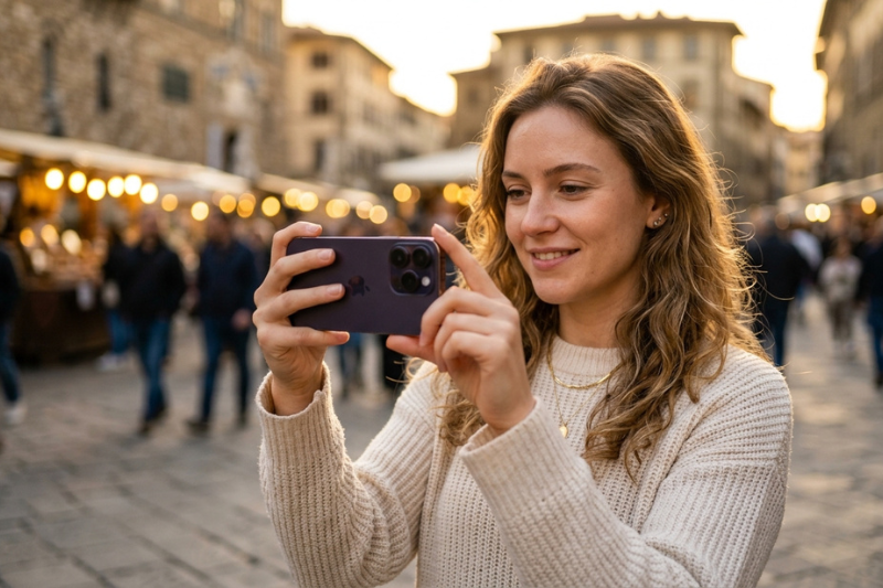 iPhone 14 128GB Estelar sendo usado para gravar um vídeo em local turístico.