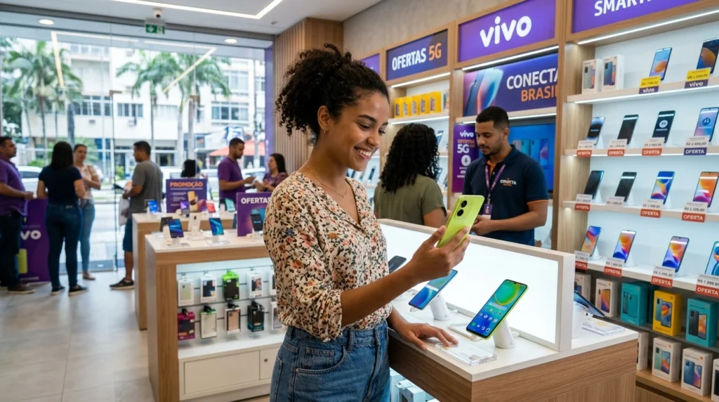 Cliente em loja escolhendo e comprando o smartphone Xiaomi Redmi Note 14