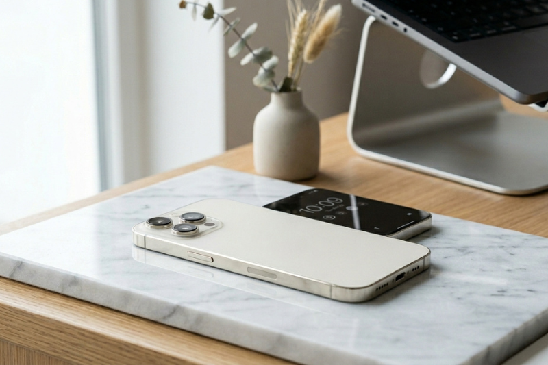 iPhone 14 128GB Estelar em detalhe sobre uma superfície de mármore, destacando o design premium.
