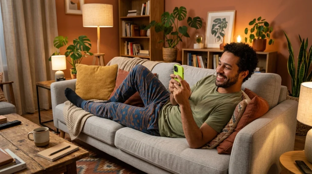 Homem relaxando no sofá usando o smartphone Xiaomi Redmi Note 14 em casa