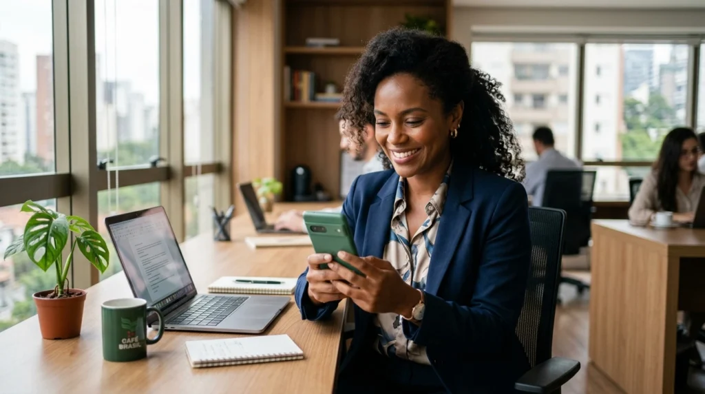 Mulher sorrindo no escritório utilizando o smartphone Xiaomi Redmi Note 14 durante o trabalho