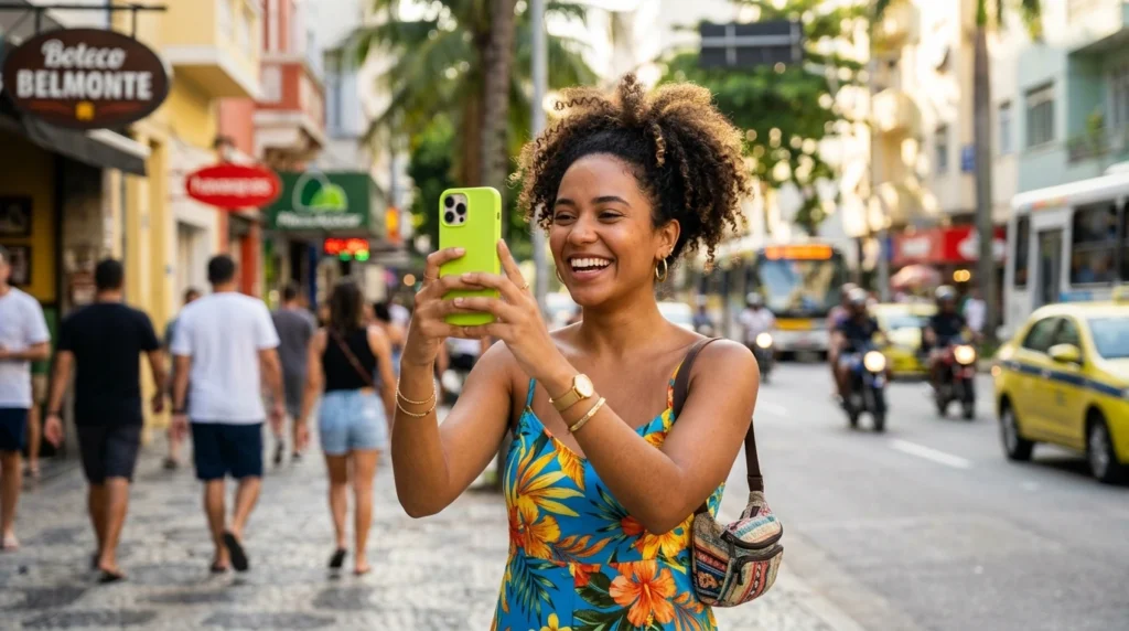 Mulher sorrindo na rua utilizando o smartphone Xiaomi Redmi Note 14 no dia a dia