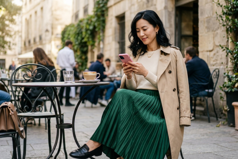 Smartphone Apple iPhone 14 na cor estelar sendo usado por uma mulher em um café ao ar livre.