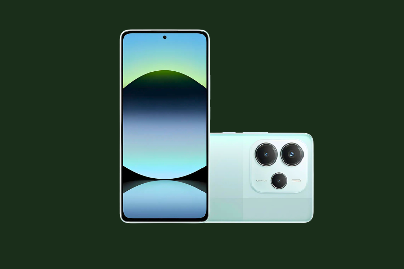  Vista traseira do smartphone Redmi Note 14 na cor Lime Green com módulo de câmera tripla em fundo verde escuro