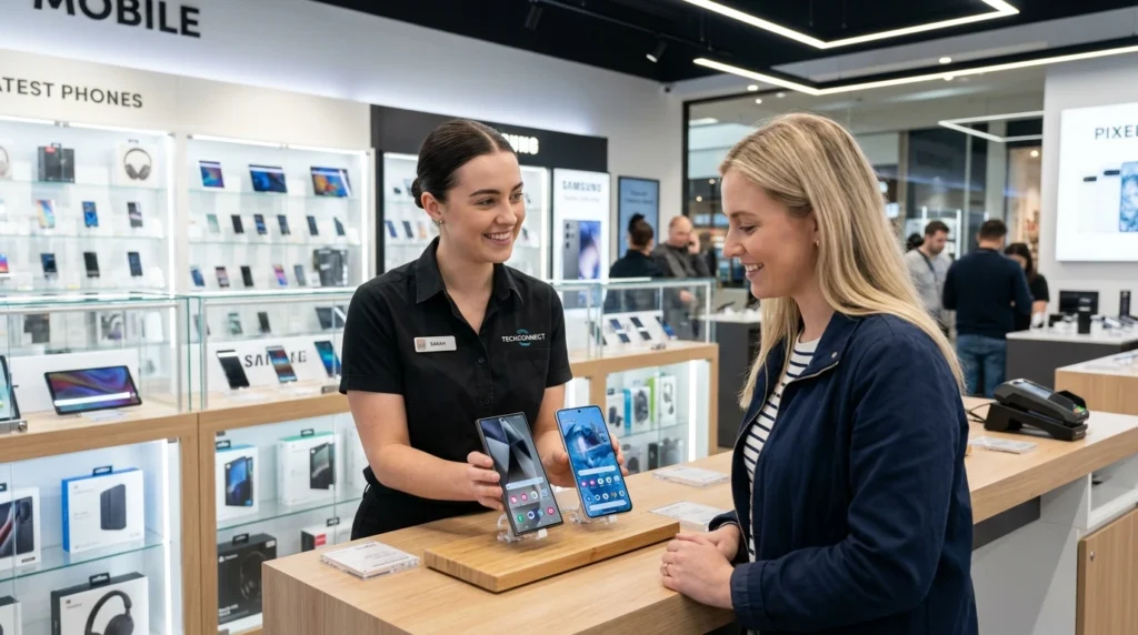 Vendedora em loja apresentando o smartphone Xiaomi Redmi Note 14 a uma cliente
