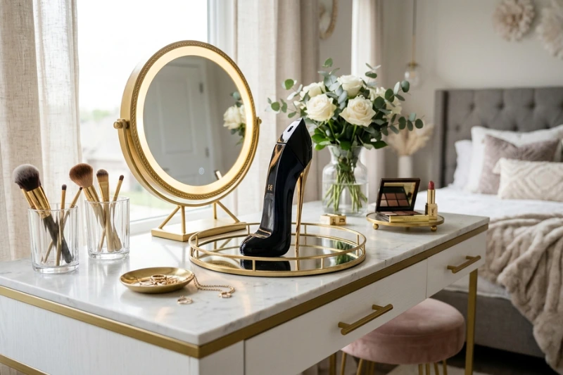 Aesthetic de penteadeira luxuosa com frasco do perfume Caroli Herrera, espelho elegante, detalhes em mármore e iluminação sofisticada para inspirar decoração refinada.