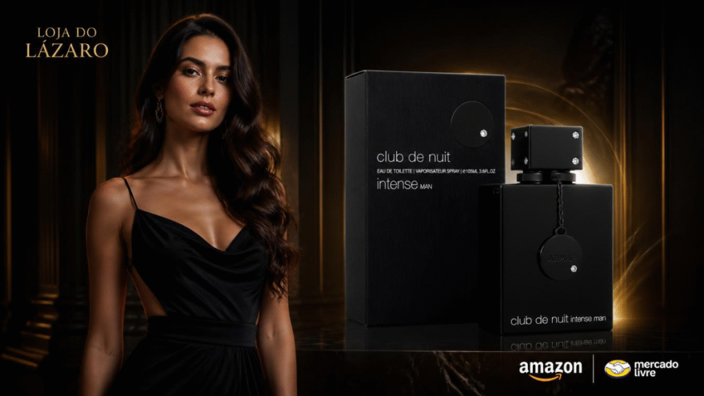 Club De Nuit Intense perfume masculino Armaf em destaque, com frasco e embalagem preta.