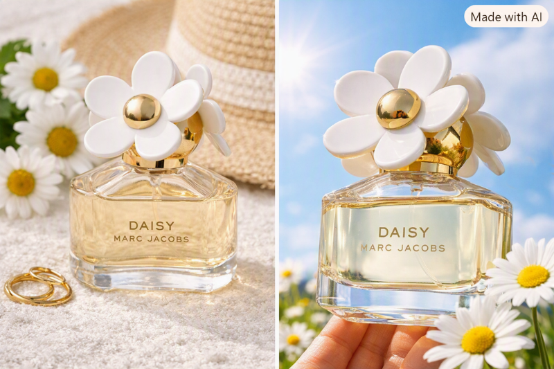 Frascos do perfume Marc Jacobs Daisy em cenários que destacam frescor e elegância floral.