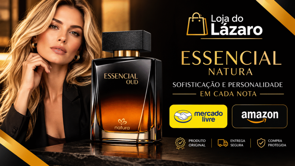 Frasco do perfume Essencial Natura com design sofisticado e fundo dourado.