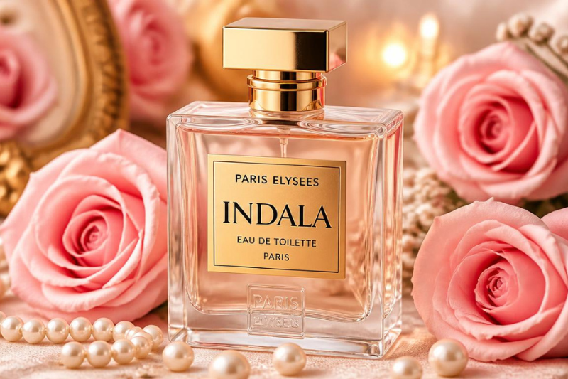 Frasco do perfume Floratta Red Passion da O Boticário, cercado por rosas cor‑de‑rosa e pérolas, representando elegância e feminilidade.