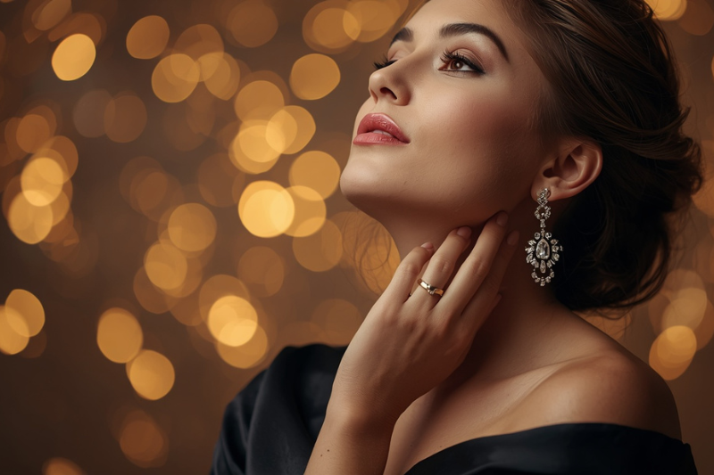 Mulher elegante usando brincos de luxo e vestido preto, com fundo dourado em bokeh, representando o glamour e a sofisticação do perfume Floratta Red Passion.