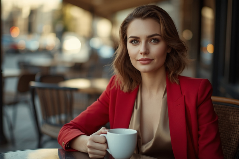 Mulher elegante sentada em um café ao ar livre, vestindo blazer vermelho e segurando uma xícara de café, representando o estilo sofisticado do perfume Floratta Red Passion.