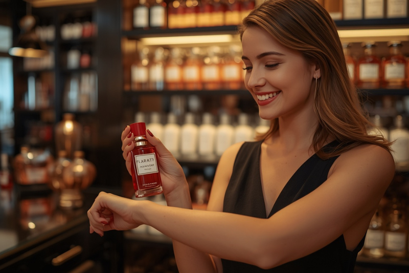 Mulher sorridente testando o perfume Floratta Red Passion em uma perfumaria, borrifando o produto no pulso enquanto aprecia sua fragrância.