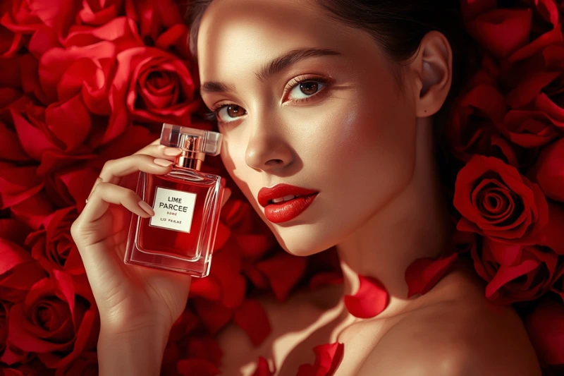 Floratta Red Passion Vale a Pena? Mulher elegante segurando o perfume em uma composição sofisticada.