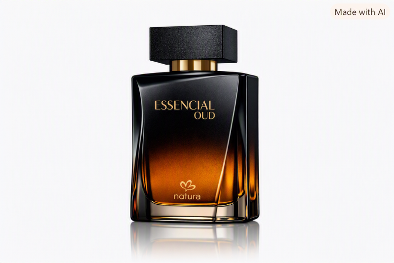 Frasco do perfume Essencial Natura Oud Deo Parfum com design sofisticado em vidro preto e âmbar, símbolo de elegância e intensidade masculina.