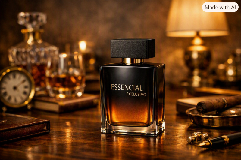 Frasco do perfume Natura Essencial sobre mesa de madeira com luz quente e elementos de luxo ao redor, transmitindo elegância e sofisticação masculina.