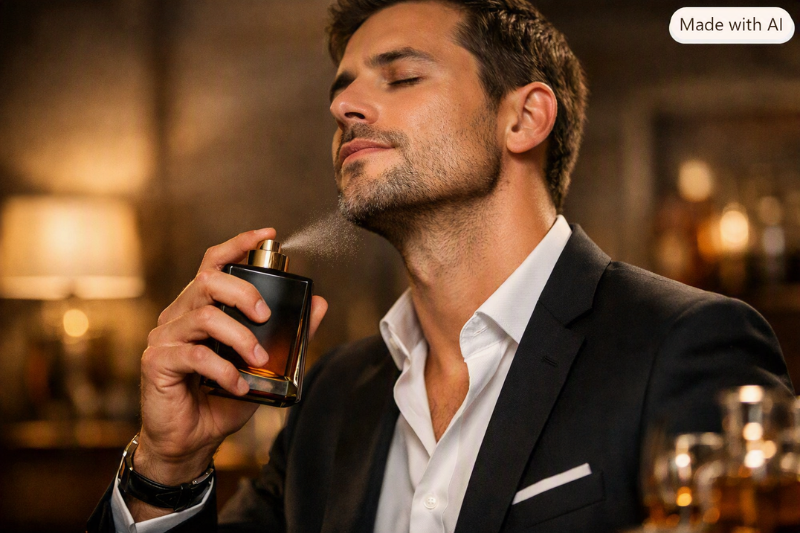 Homem aplicando o perfume Natura Essencial no pescoço, representando confiança e sofisticação masculina em ambiente refinado.