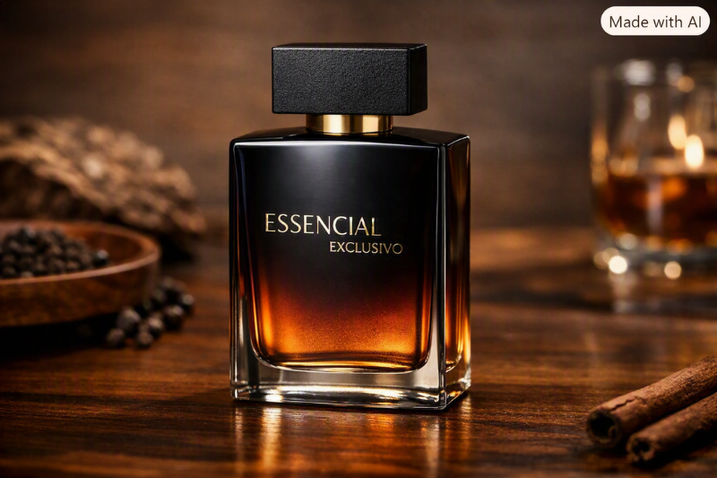 Frasco do perfume Natura Essencial sobre superfície de madeira, com fundo elegante e iluminação quente que destaca seu design sofisticado.