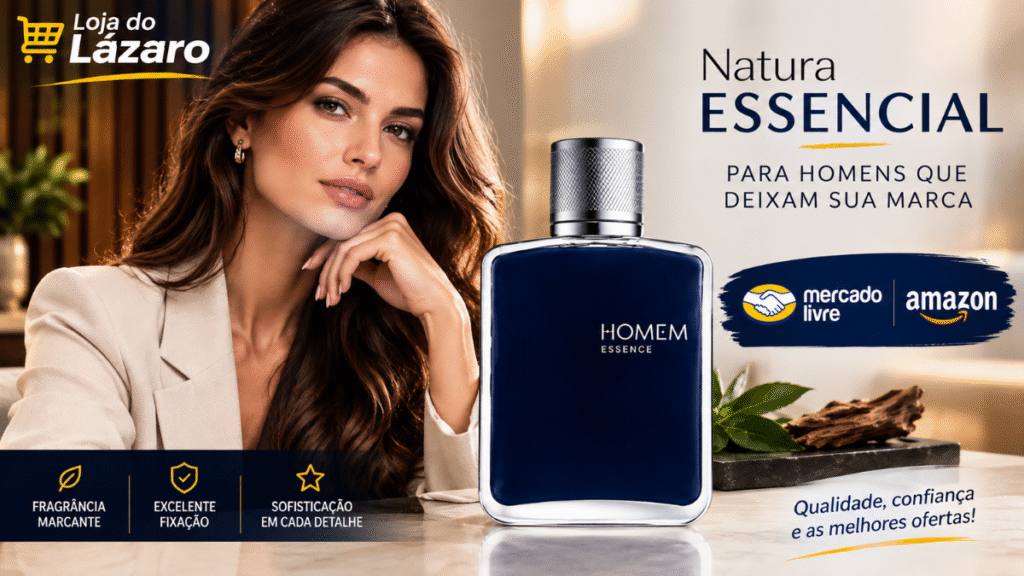 Frasco do perfume Natura Essencial ao lado de modelo elegante em ambiente sofisticado.