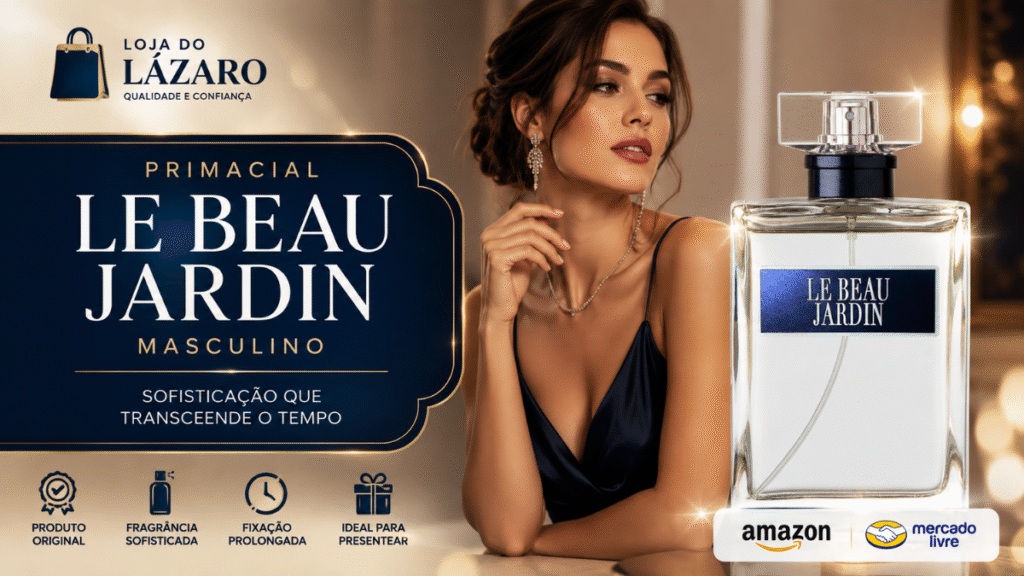 Imagem promocional do Perfume Masculino Primacial Le Beau Jardin, destacando frasco sofisticado e modelo elegante em ambiente luxuoso.