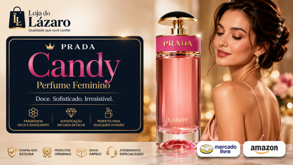 Prada Candy perfume feminino em destaque ao lado de uma mulher elegante, com divulgação da Loja do Lázaro e opções de compra no Mercado Livre e Amazon.