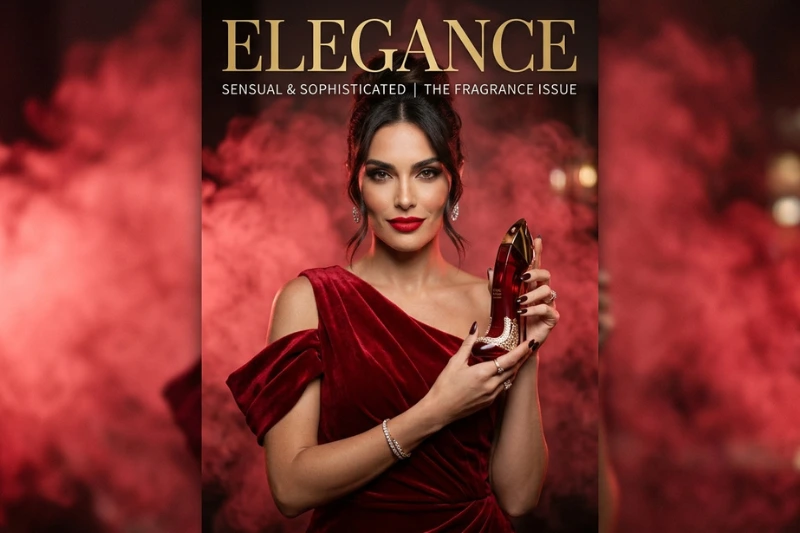 Presença feminina marcante em campanha publicitária de perfume, com destaque para elegância e sofisticação visual