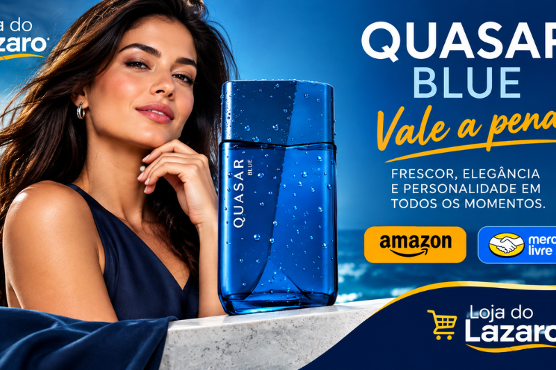 “Frasco do perfume Quasar Blue ao lado de modelo elegante, destacando o slogan ‘Quasar Blue vale a pena’