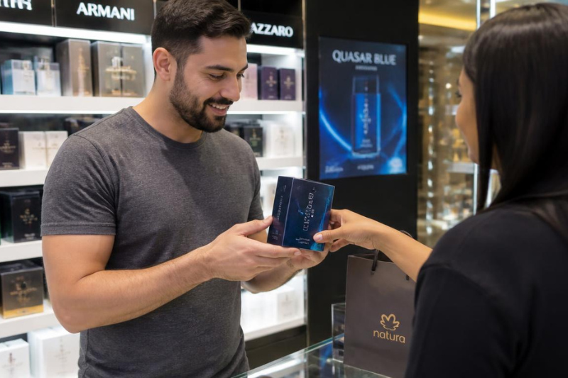 Homem experimentando o perfume Quasar Blue em loja de shopping, demonstrando o frescor e a elegância da fragrância — Quasar Blue vale a pena.