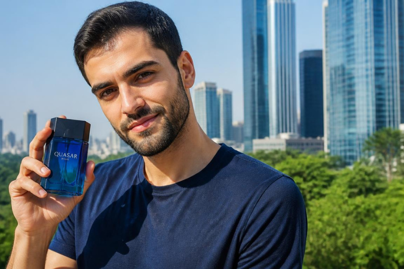 Homem segurando o frasco do perfume Quasar Blue em ambiente urbano, destacando o frescor e a elegância da fragrância — Quasar Blue vale a pena.