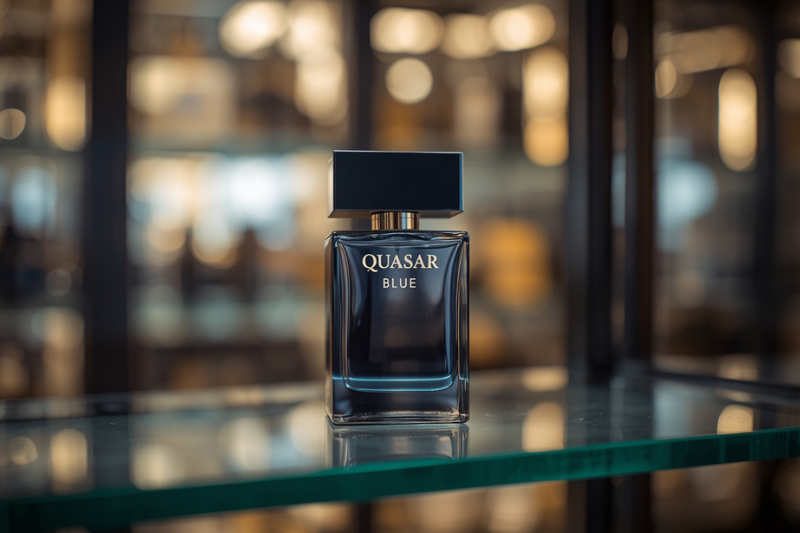 Frasco do perfume Quasar Blue exposto em prateleira de loja de shopping, com iluminação elegante e fundo desfocado — Quasar Blue vale a pena.