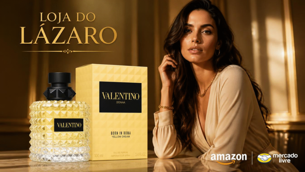 Valentino Born in Roma perfume elegante com mulher sofisticada em fundo dourado