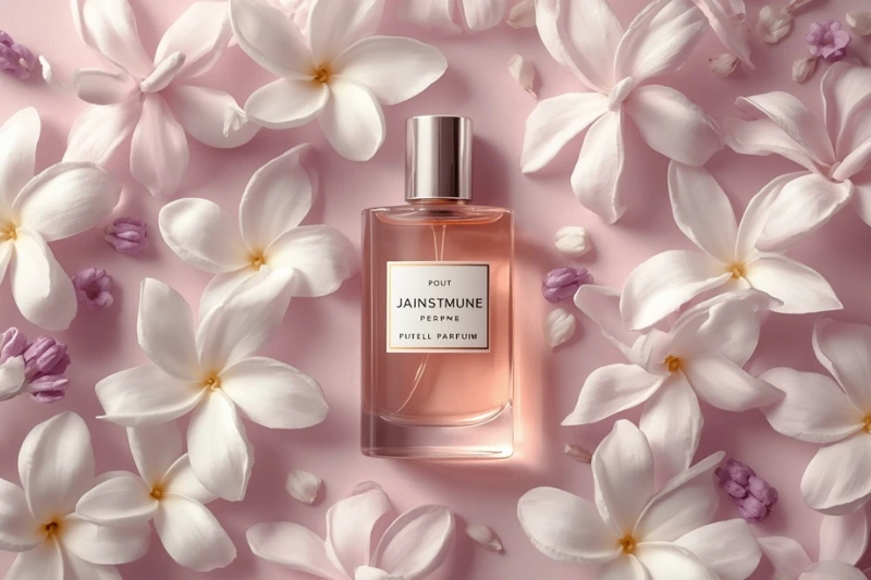 Frasco do perfume Accordes Harmonia Boticário vale a pena sobre fundo floral rosa e lilás