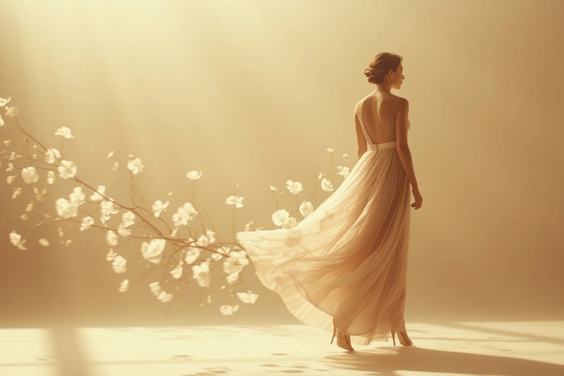 Mulher em movimento com flores ao redor — Accordes Harmonia Boticário vale a pena para quem busca uma fragrância feminina leve e sofisticada