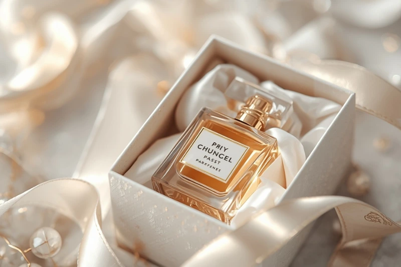 Frasco do perfume Accordes Harmonia Boticário sobre tecido branco acetinado