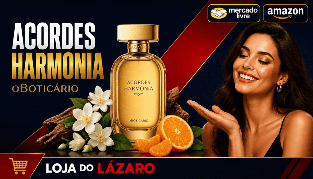 Perfume Acordes Harmonia Boticário em frasco dourado com flores brancas e tangerina ao fundo