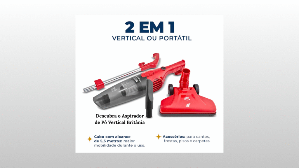 Aspirador de pó Britânia 2 em 1 vermelho, modelo vertical e portátil com acessórios para cantos e frestas