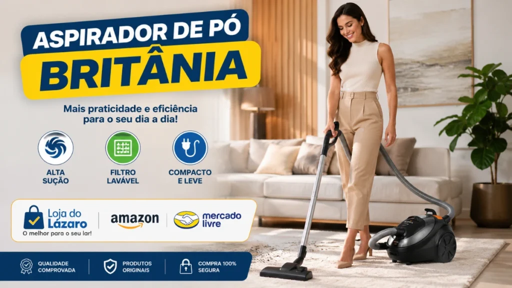 Aspirador de Pó Vertical Britânia sendo utilizado por uma mulher em uma sala moderna, destacando praticidade, potência e eficiência na limpeza da casa.