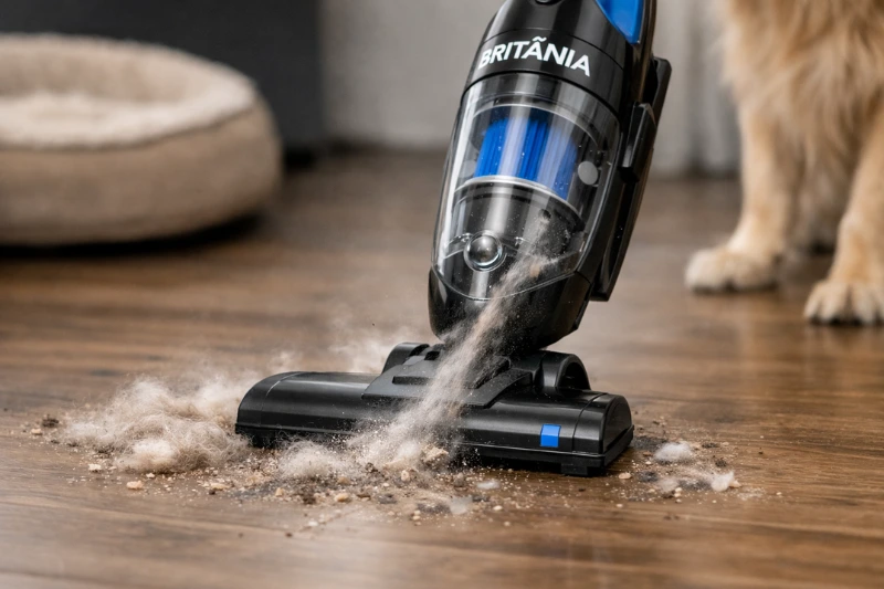 Aspirador de Pó Vertical Britânia em ação, removendo sujeira do piso com potência e praticidade, ideal para quem tem pets em casa.