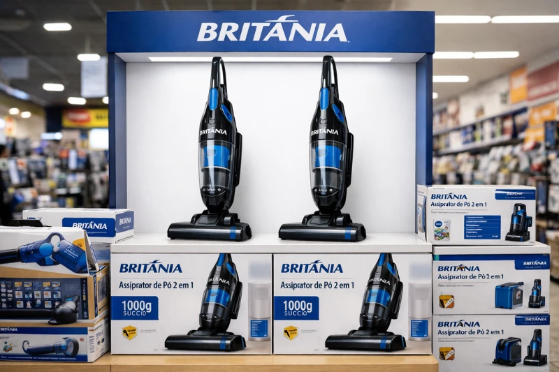 Aspirador de Pó Vertical Britânia exposto em loja, mostrando potência e design moderno em destaque na seção de eletrodomésticos.