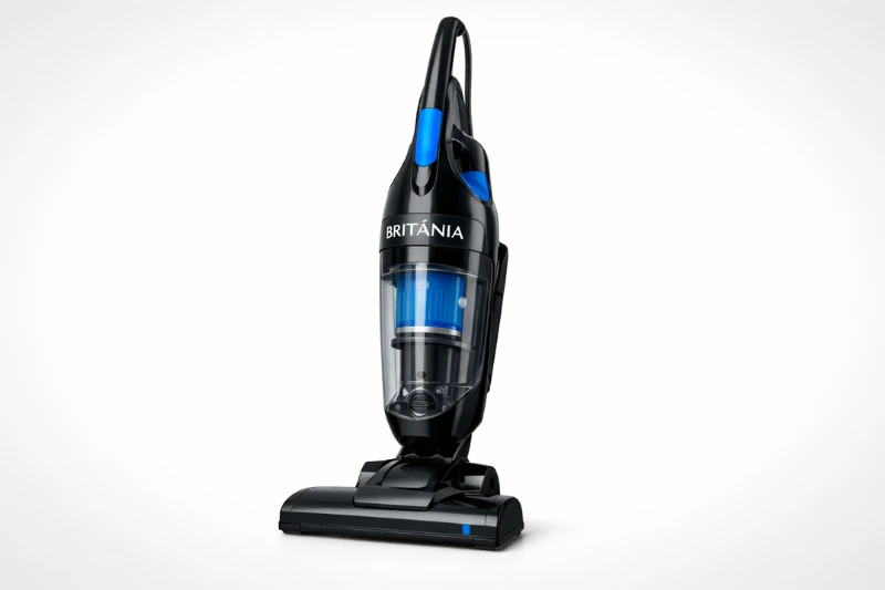 Aspirador de Pó Vertical Britânia BAS1500V isolado sobre fundo branco, exibindo design moderno e tecnologia ciclone para limpeza eficiente.