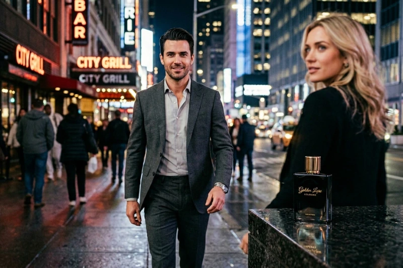 Homem elegante caminhando confiante por uma rua movimentada à noite, despertando a atenção de uma mulher que olha para trás, ilustrando o efeito de atração da colônia Golden Lure.