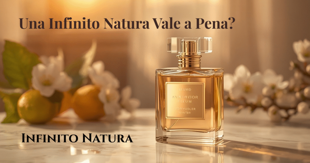 Banner do perfume Una Infinito Natura 75ml da Natura em frasco dourado sobre mármore com flores brancas e iluminação quente
