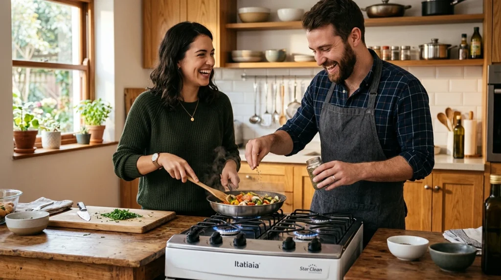 Casal sorridente cozinhando legumes em uma frigideira sobre a mesa de um Fogão Star Clean Itatiaia em uma cozinha rústica e iluminada.