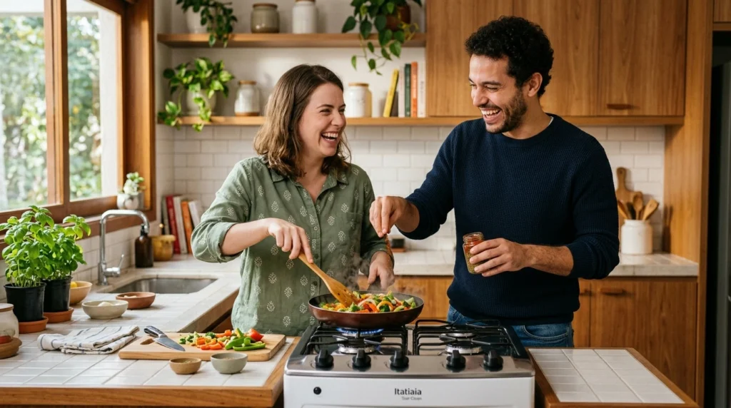 Casal alegre cozinhando juntos em uma cozinha moderna utilizando o Fogão Star Clean Itatiaia de 4 bocas.