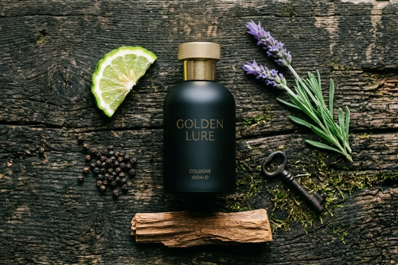 Vista superior do frasco da colônia Golden Lure posicionado sobre uma mesa de madeira escura com musgo, cercado por seus ingredientes como bergamota, lavanda, pimenta preta e pedaços de madeira.