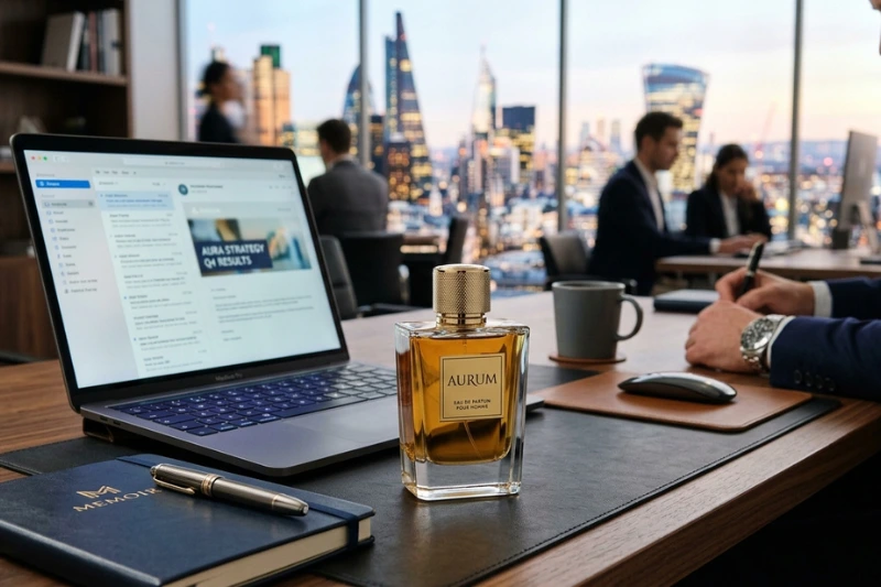 Frasco do perfume Connexion O Boticário sobre uma mesa de escritório, destacando sua adequação para o ambiente de trabalho.