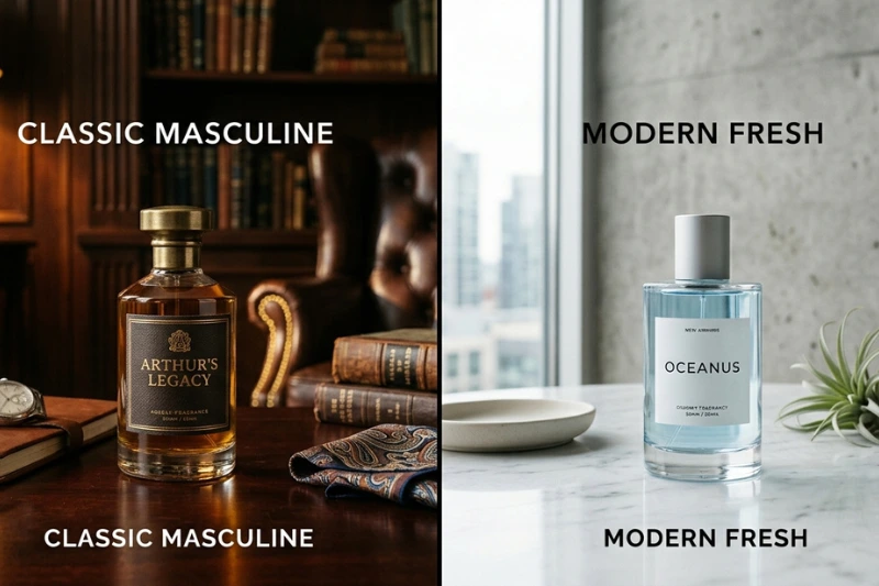 Comparativo visual que destaca o perfil clássico do Connexion O Boticário frente às fragrâncias modernas.