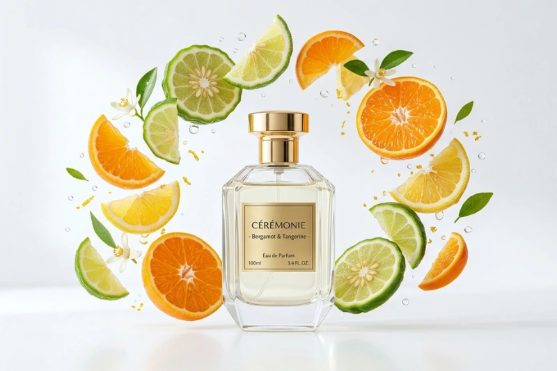 Frasco do perfume Connexion O Boticário cercado por frutas cítricas, ilustrando suas notas de saída frescas.