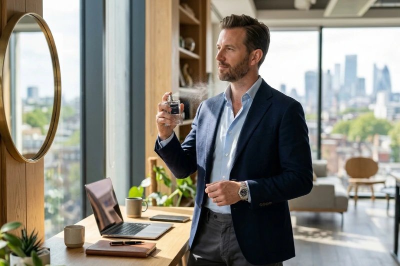 Homem em ambiente executivo utilizando o perfume Connexion O Boticário para transmitir elegância e confiança.